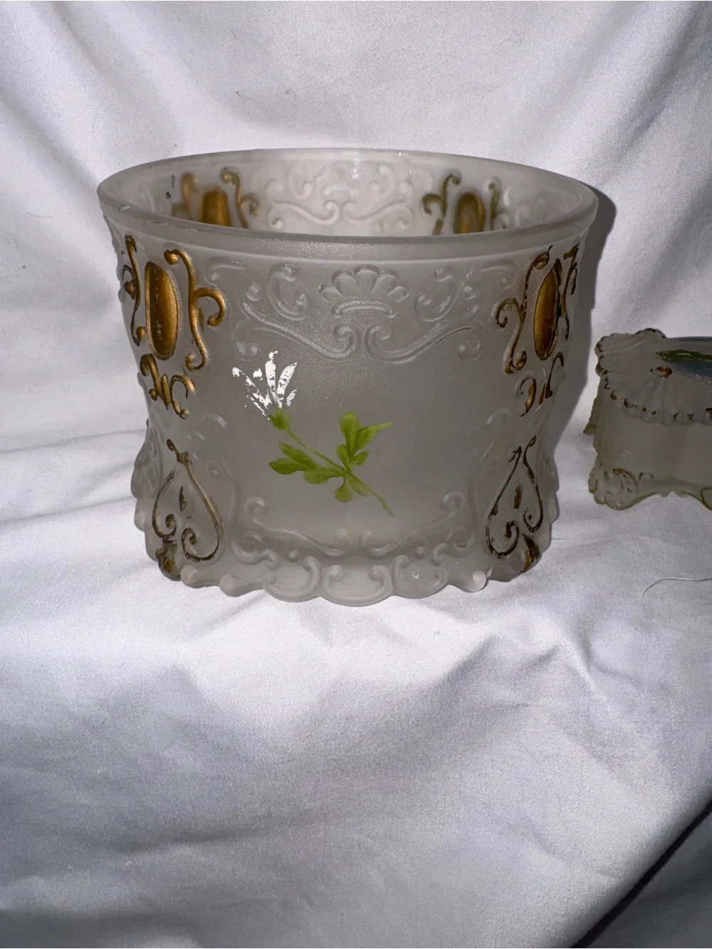 Antique hand painted glass dresser jar set